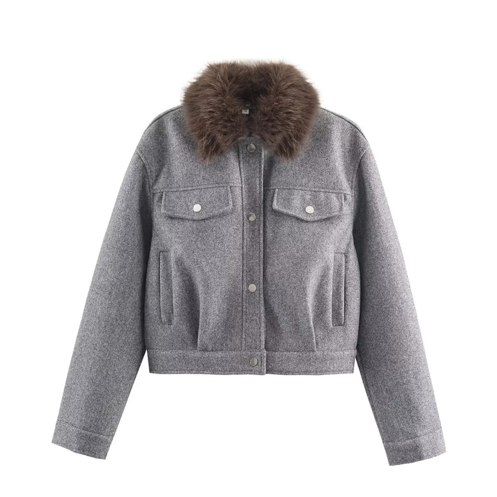 Damen nan kurzer Wollblouson mit abnehmbarem Kunstfellkragen, Brustklappen und verdeckter Druckknopfleiste Drune