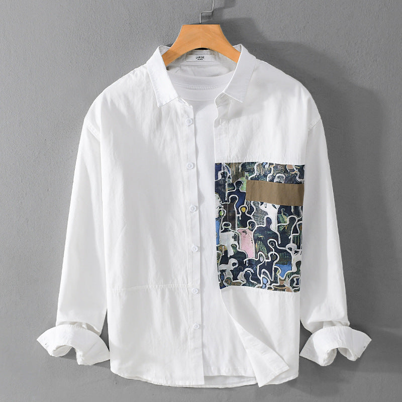 Herren Baumwollhemd mit großem Kunst-Print-Brustpatch und Kentkragen Drune