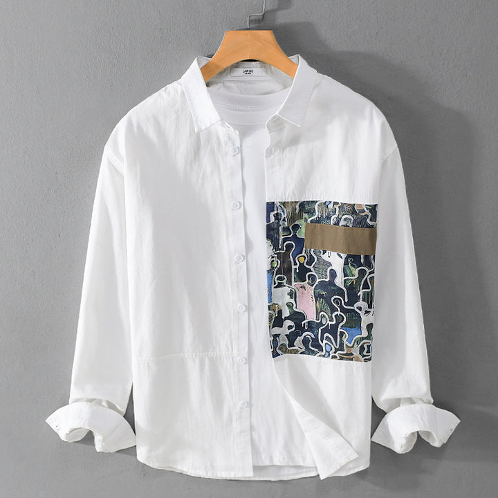 Herren Baumwollhemd mit großem Kunst-Print-Brustpatch und Kentkragen Drune