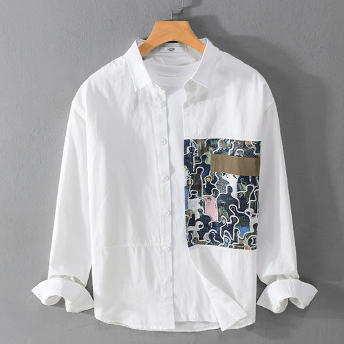 Herren Baumwollhemd mit großem Kunst-Print-Brustpatch und Kentkragen Drune