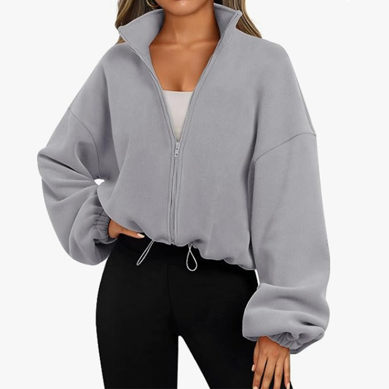 Damen lässige Fleece-Jacke mit hohem Kragen und Kordelzug Drune