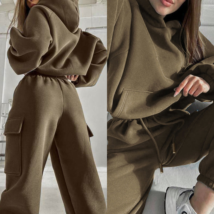 Damen oversized Hoodie mit Kängurutasche und Cargo-Jogginghose Set Drune