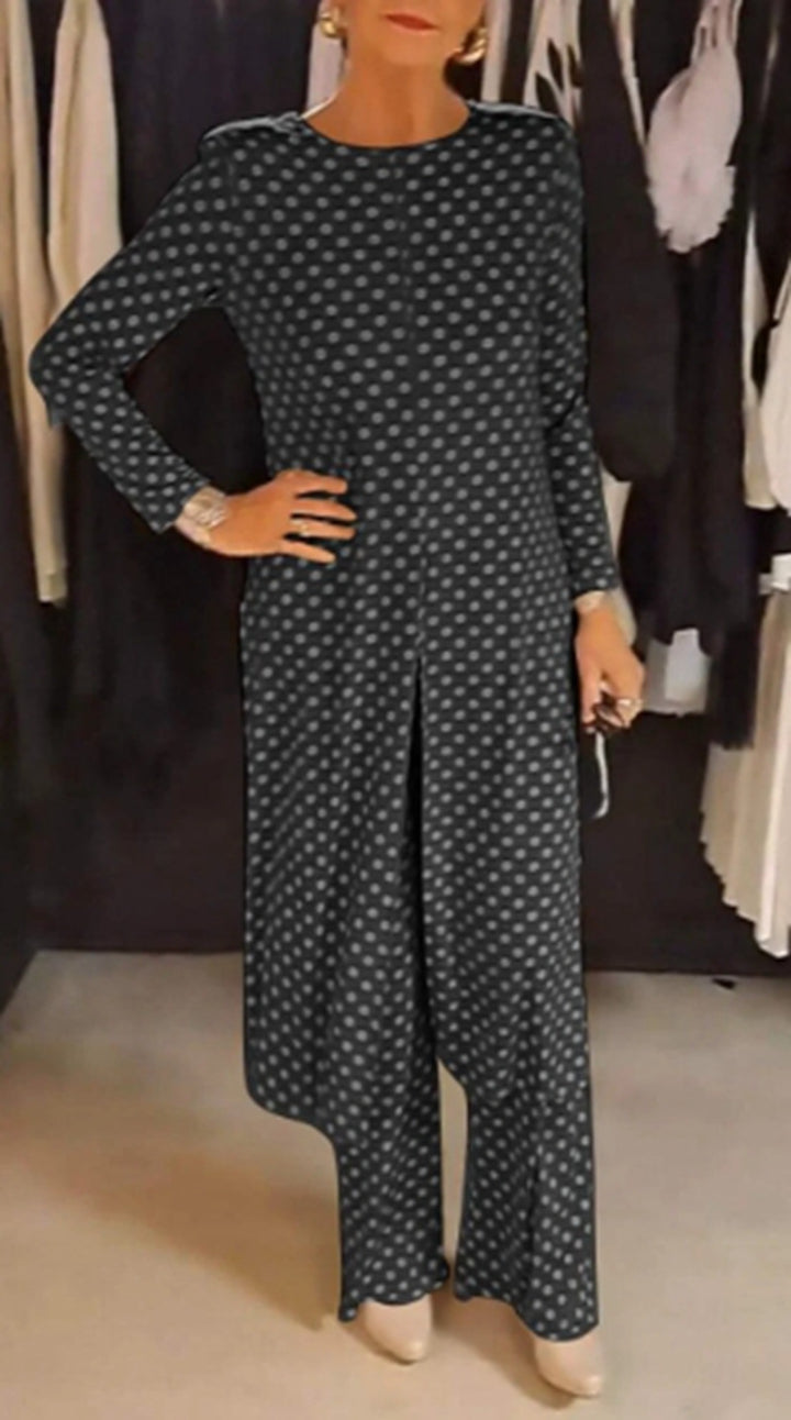 Damen nan Pünktchen-Lounge-Ensemble mit langer A-Linien-Tunika, mittigem Frontschlitz und weiter Palazzohose Drune