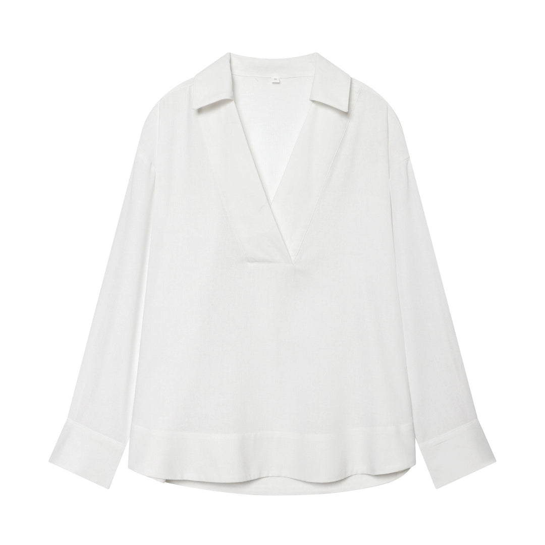 Damen Locker fallende Leinenoptik Bluse mit V‑Ausschnitt, Hemdkragen und Umschlagmanschetten Drune