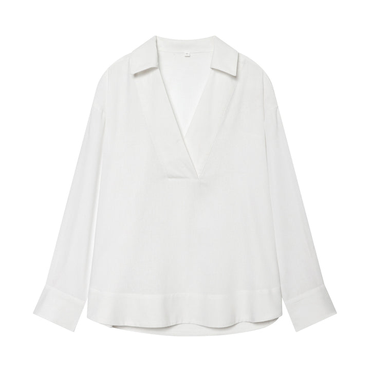 Damen Locker fallende Leinenoptik Bluse mit V‑Ausschnitt, Hemdkragen und Umschlagmanschetten Drune