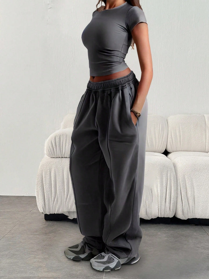 Damen nan enges Cropshirt und weite High-Waist Jogginghosen-Set Drune