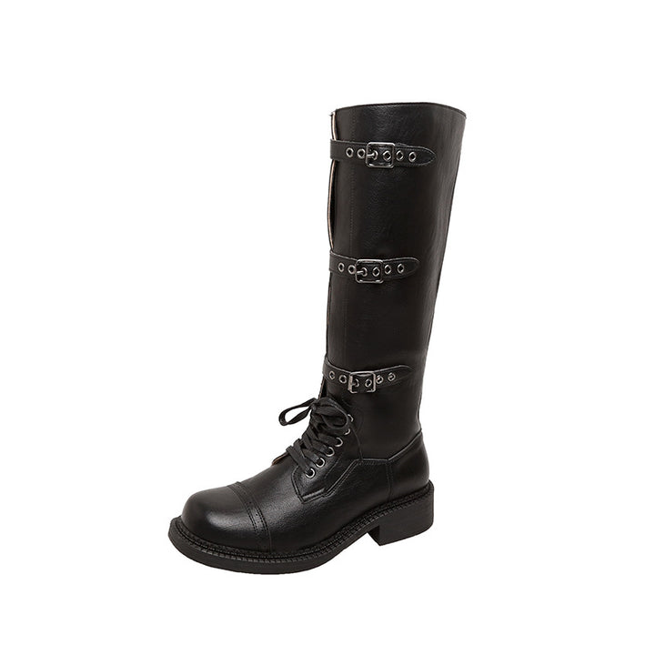 Damen kniehohe Schnürstiefel mit Zier- und Verstellschnallen Drune