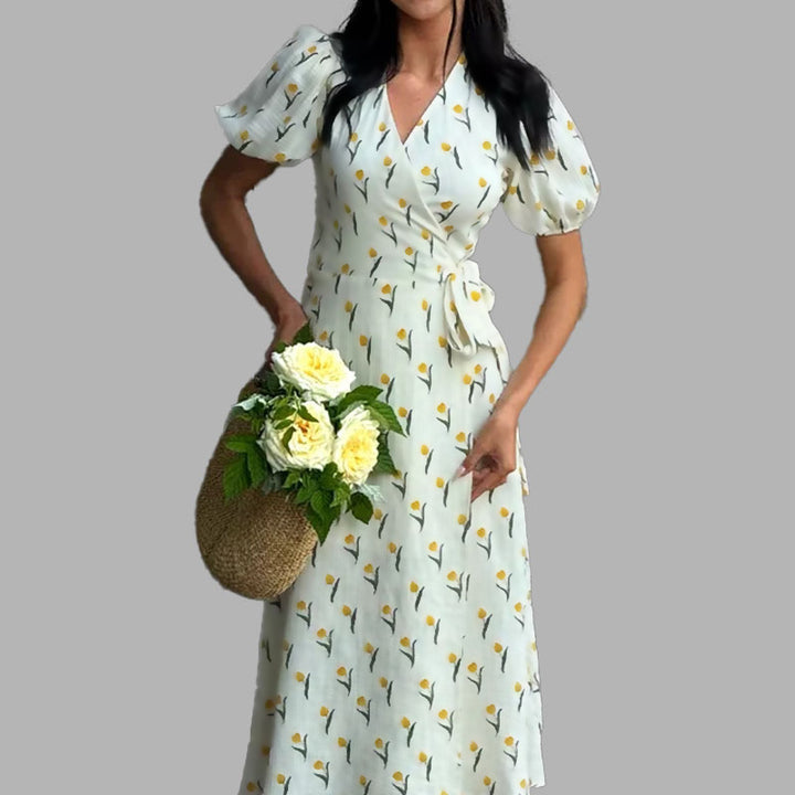 Damen Wickelkleid mit voluminösen Puffärmeln und floralen Verzierungen Drune