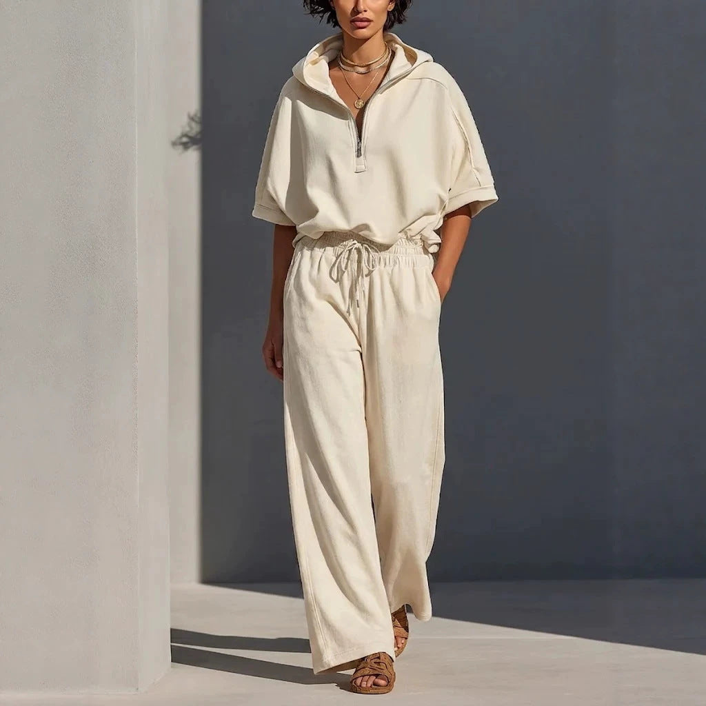Damen Lässiges Lounge-Set mit Kapuzenpullover mit halbem Reißverschluss und weiter Palazzohose Drune
