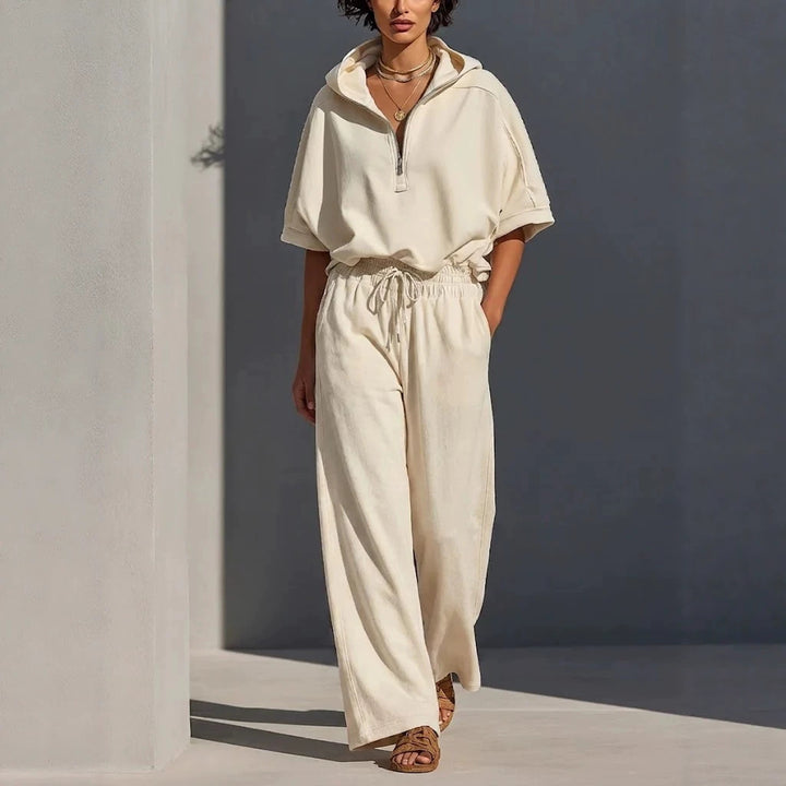 Damen Lässiges Lounge-Set mit Kapuzenpullover mit halbem Reißverschluss und weiter Palazzohose Drune