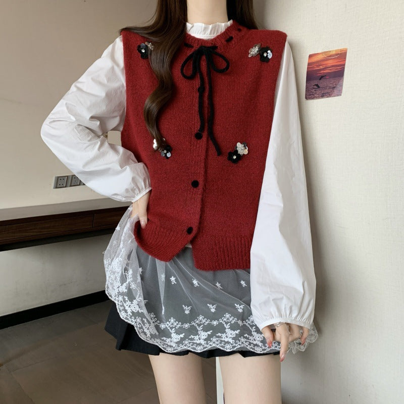 Damen Strickjacke mit dekorativen Blumenapplikationen und Bindeverschluss Drune