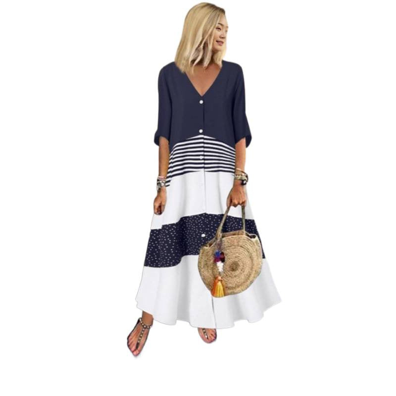 Damen Maxikleid mit Knopfverschluss und dekorativen Mustern Drune