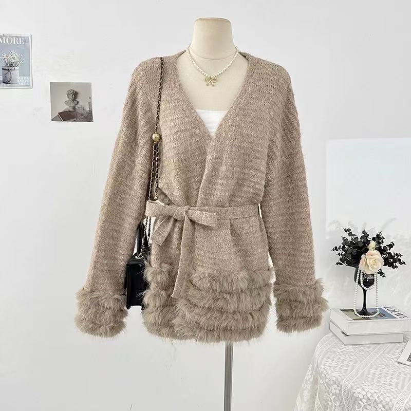 Damen Flauschiger Cardigan mit Kunstfellkragen Drune