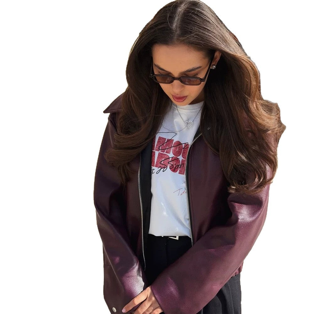 Damen Boxy-Kunstlederjacke mit durchgehendem Reißverschluss, Hemdkragen und leichtem Cropped-Cut Drune