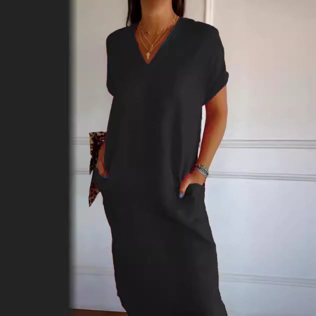 Damen Viskose-Leinen Kleid mit tiefem V-Ausschnitt und praktischen Taschen Drune