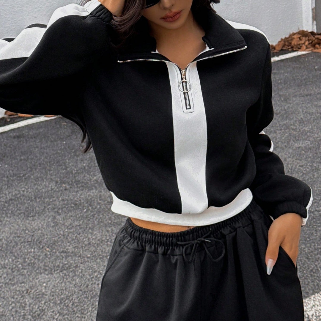 Damen kurzes Sweatshirt mit Halbreißverschluss und elastischer Bund Jogginghose Set Drune