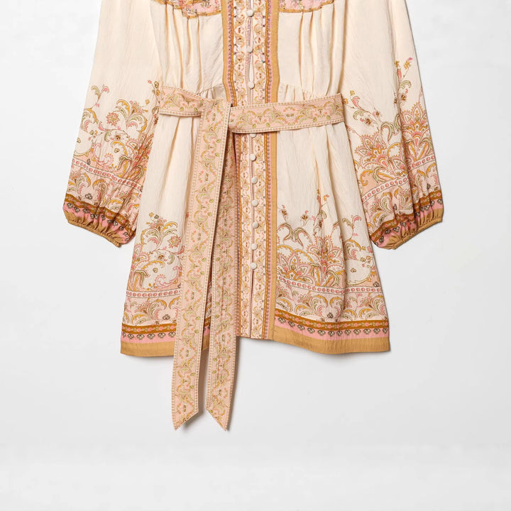 Damen nan besticktes Boho-Minikleid mit tiefem V-Ausschnitt, durchgehender Knopfleiste, taillierendem Bindegürtel und ballonärmeln Drune