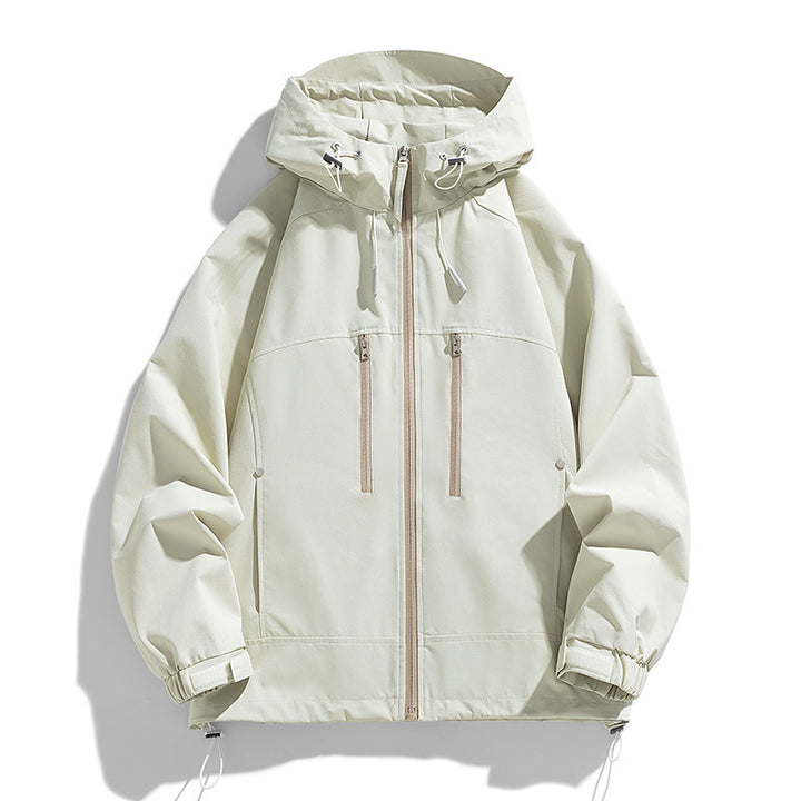 Unisex leichte wasserabweisende Kapuzenjacke mit zwei vertikalen Brustreißverschlusstaschen und verstellbarem Saum Drune