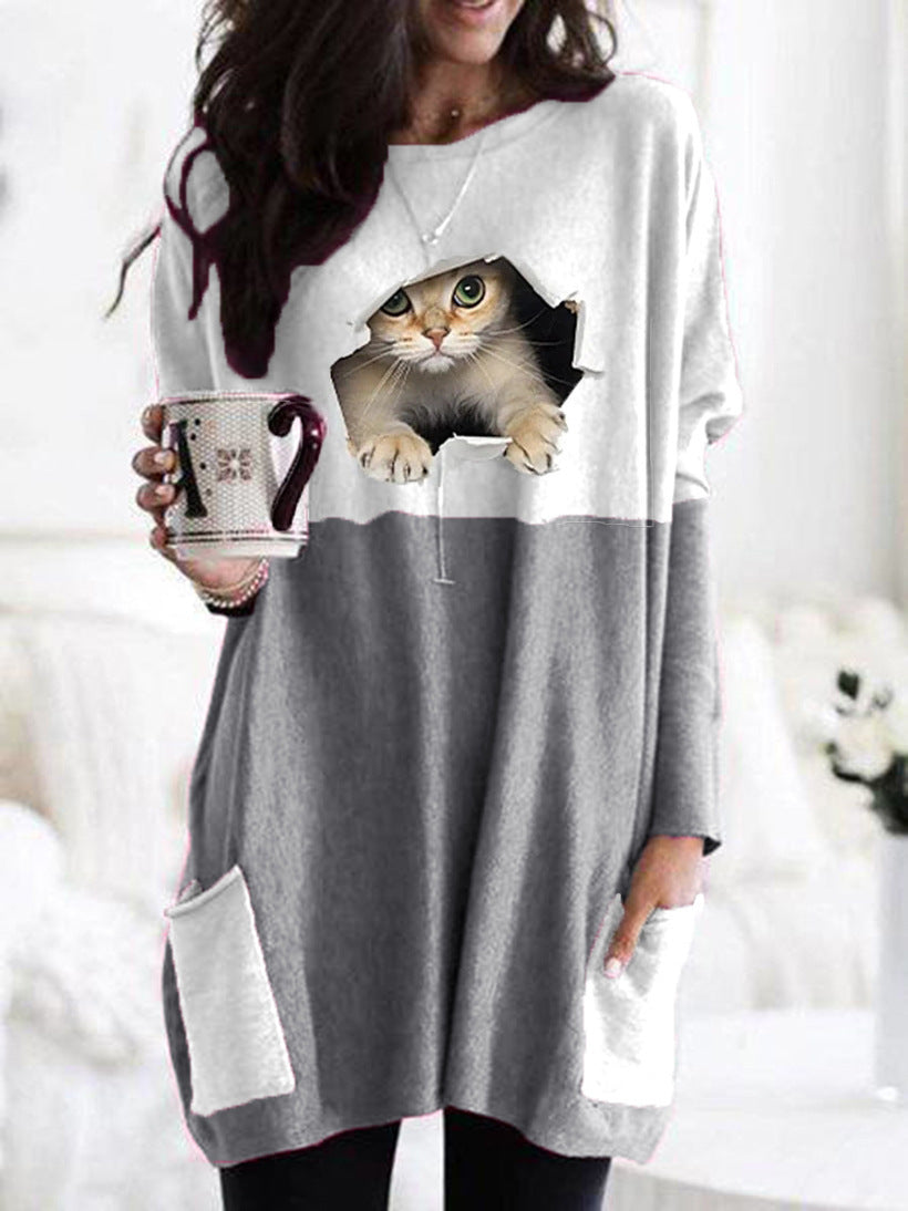 Frauen Längerer Colorblock Strickpullover mit Katzenmotiv und aufgesetzten Taschen Drune