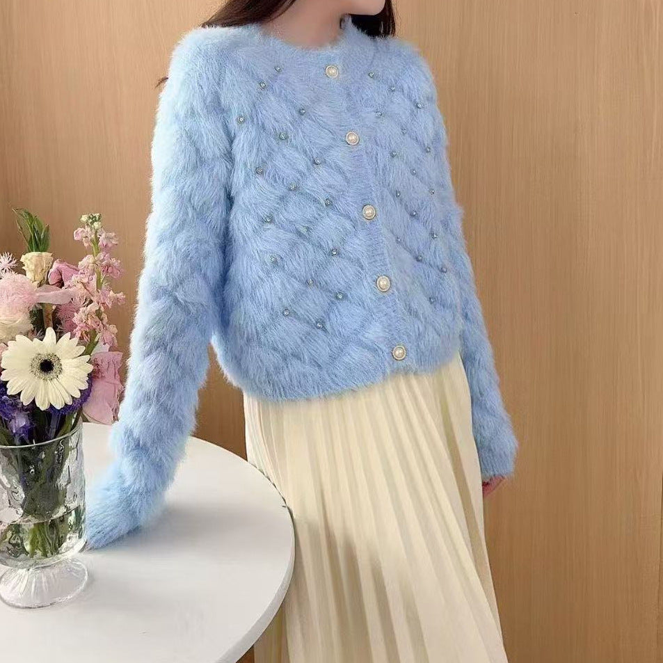 Damen Flauschiger Strickcardigan mit Perlen Drune