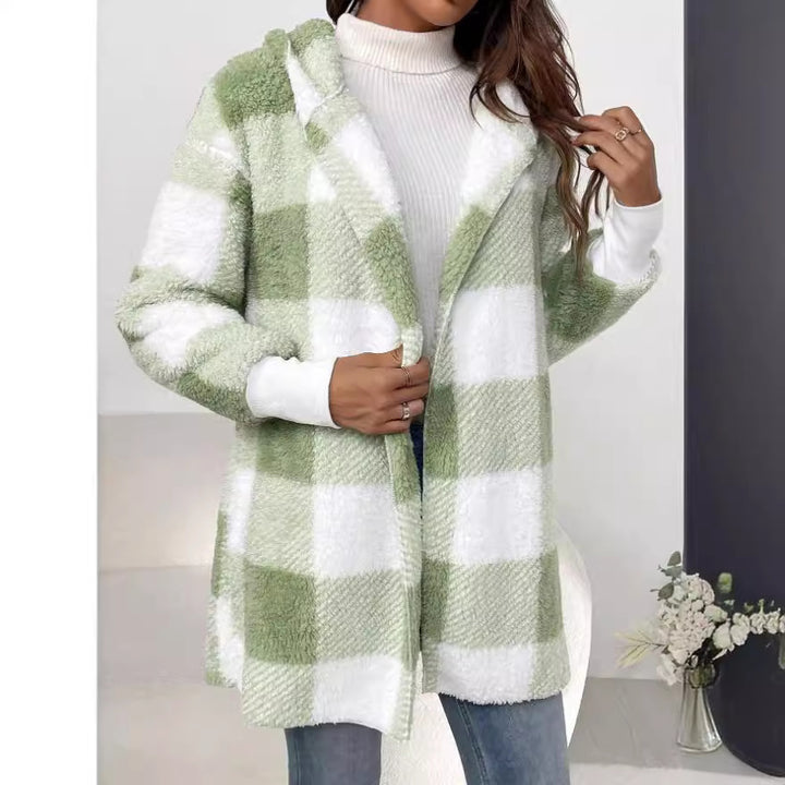 Damen nan karierter Teddy-Mantel mit großem Reverskragen und Rippbündchen Drune