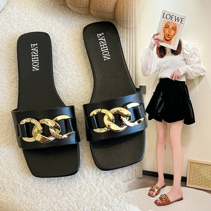 Damen Dekorative Ketten-Detail Slide Sandalen Drune
