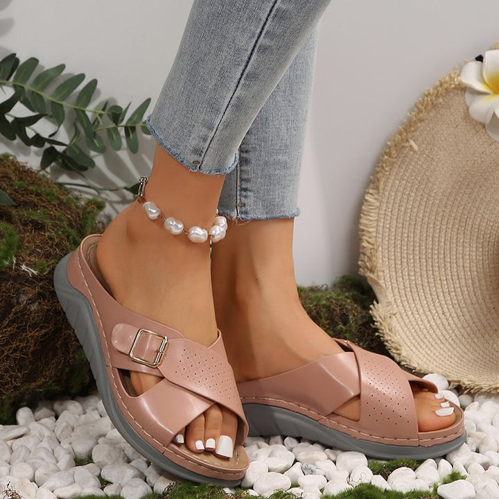 Damen Ergonomische Komfort Pantolette mit Memoryfußbett, perforierten Kreuzriemen und verstellbarer Zierschnalle Drune