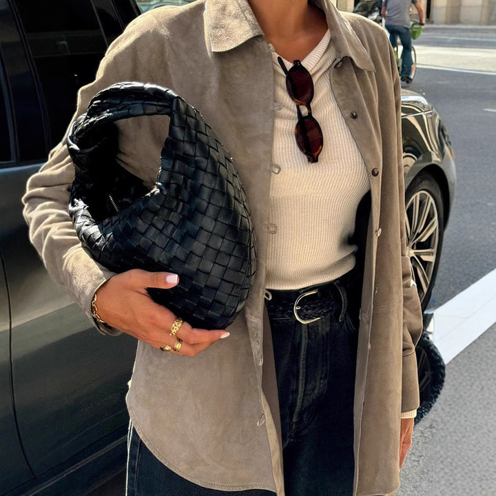 Damen Sanfte Kunstlederjacke mit Knopfverschluss Drune