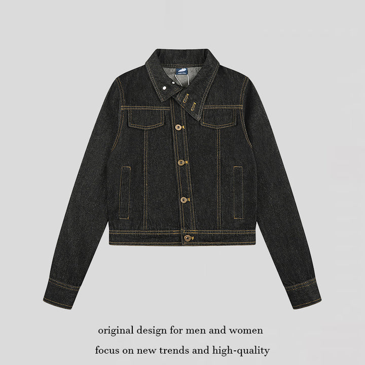 Damen Kurze kastige Jeansjacke mit Kontrastnähten und Brustklappen Drune