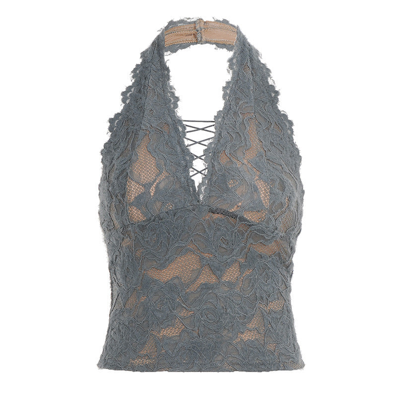 Damen Elegantes Spitzen-Haltertop mit tiefem V-Ausschnitt Drune