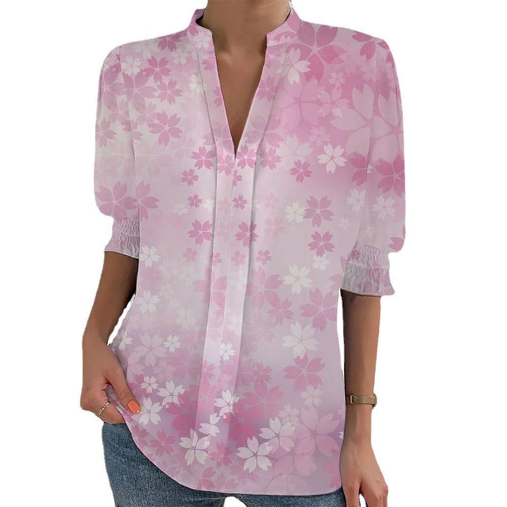 Damen Blumenprint Tunika-Bluse mit Stehkragen, geschlitzter V‑Blende und gerafften 3/4-Ärmeln Drune