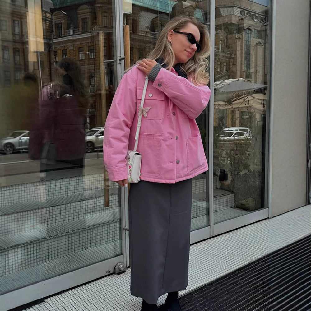 Damen Boxy Overshirt-Jacke mit aufgesetzten Taschen & Metallknopfleiste Drune