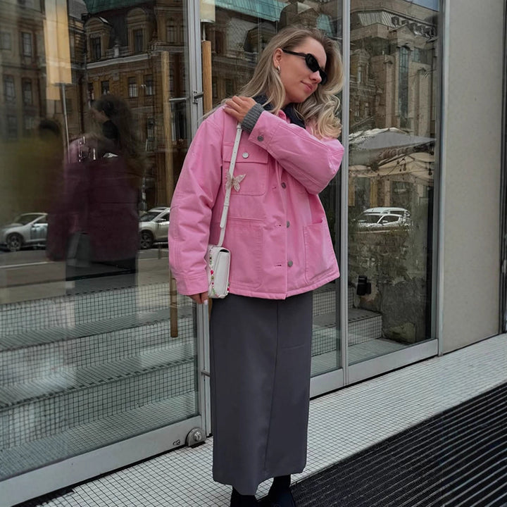 Damen Boxy Overshirt-Jacke mit aufgesetzten Taschen & Metallknopfleiste Drune