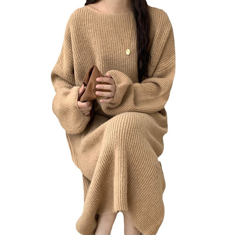 Damen langes Strickkleid mit weitem Schnitt und feiner Rippstruktur Drune