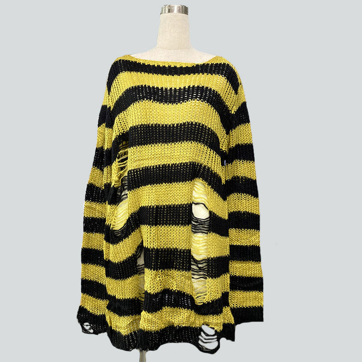 Damen nan Oversized Grobstrickpullover mit breiten Blockstreifen und aufgerissenem Design Drune