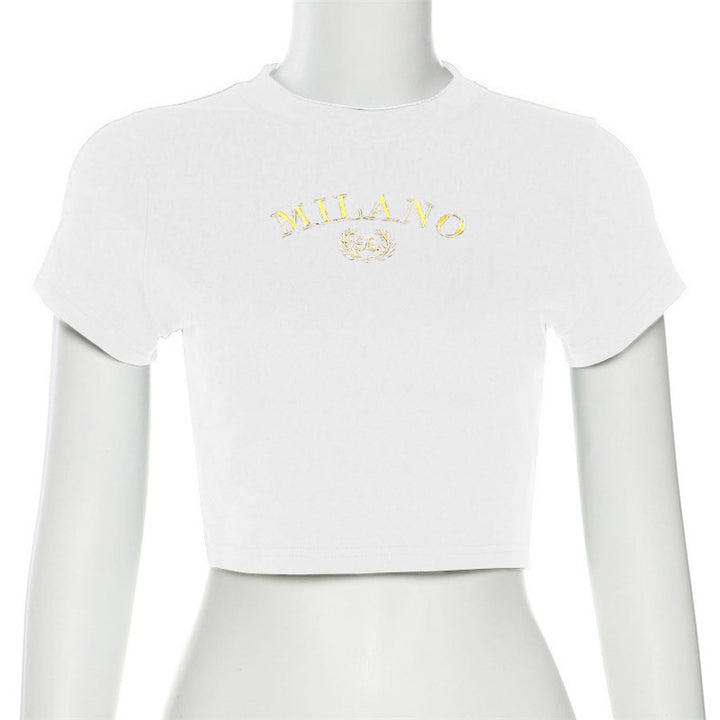 Damen cropped T-Shirt mit gesticktem Schriftzug und rundem Ausschnitt Drune