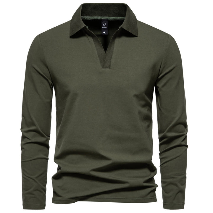 Herren Langarm-Poloshirt mit offenem V-Ausschnitt und Kentkragen Drune