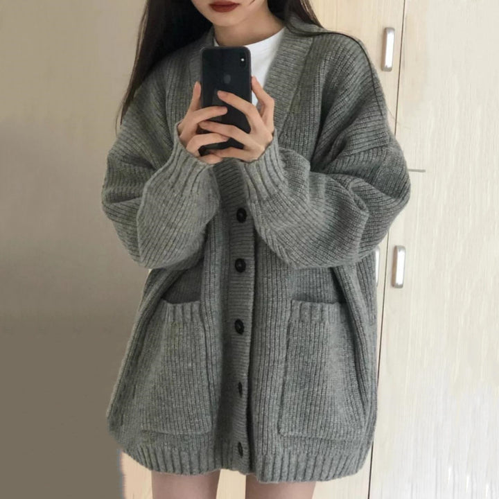 Damen Kuschelige Strickjacke mit großen Taschen und Knopfdetail Drune