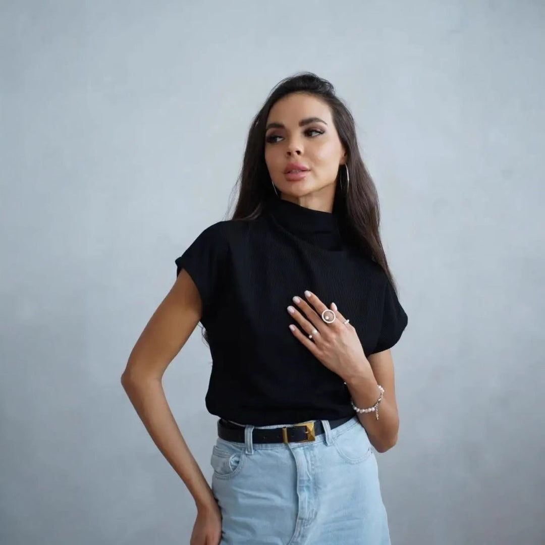 Damen modernes Kurzarm-Oberteil mit hohem Stehkragen und strukturiertem Design Drune