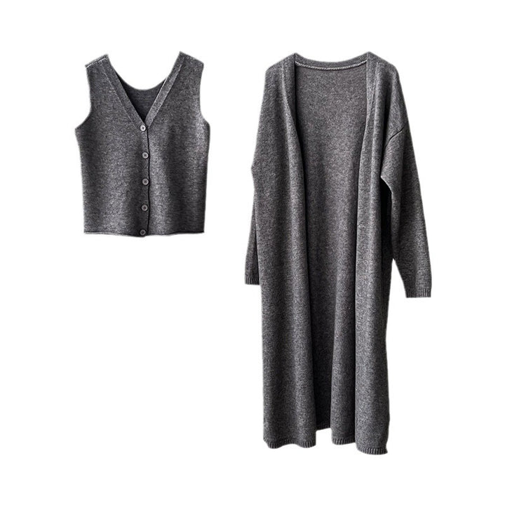 Damen Strickensemble mit V-Ausschnitt und Knopfdetail Drune