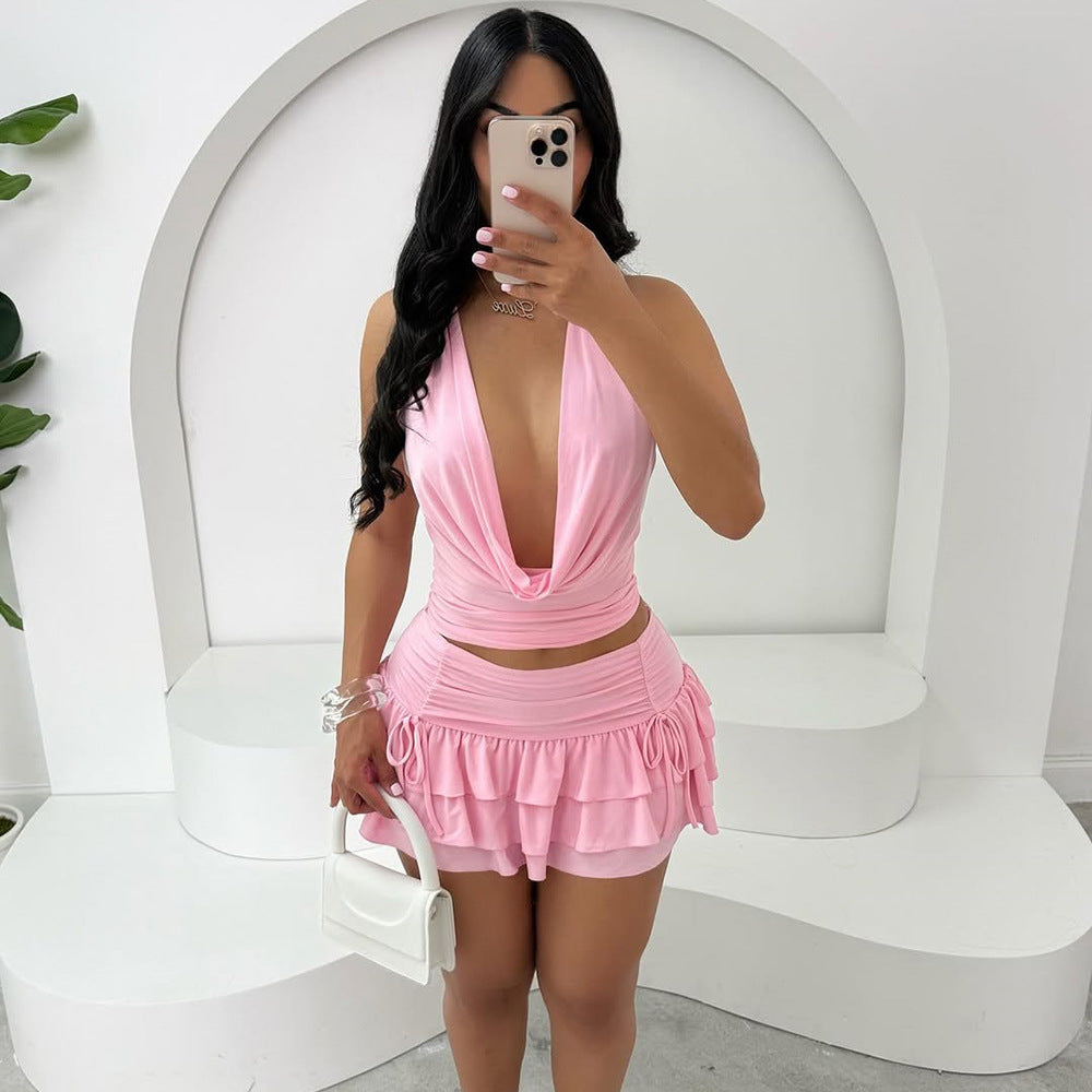 Damen Minikleid mit tiefem V-Ausschnitt und voluminösem Rüschensaum Drune
