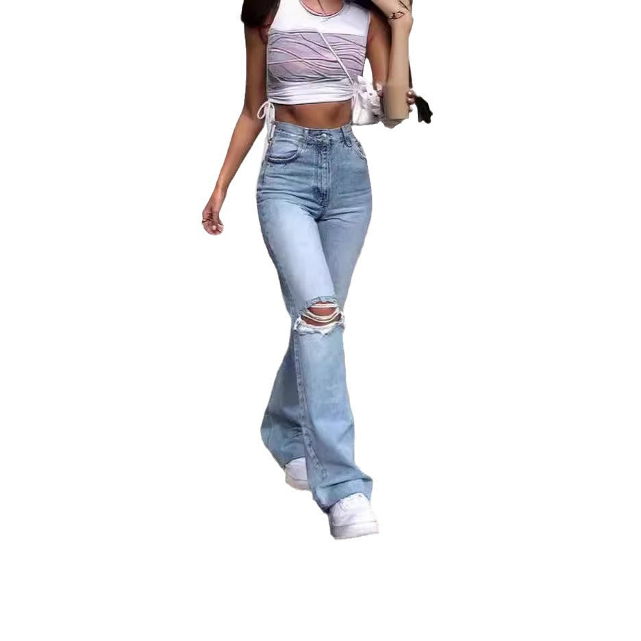 Damen Vintage Schlagjeans mit modischen Rissdetails und hohem Bund Drune