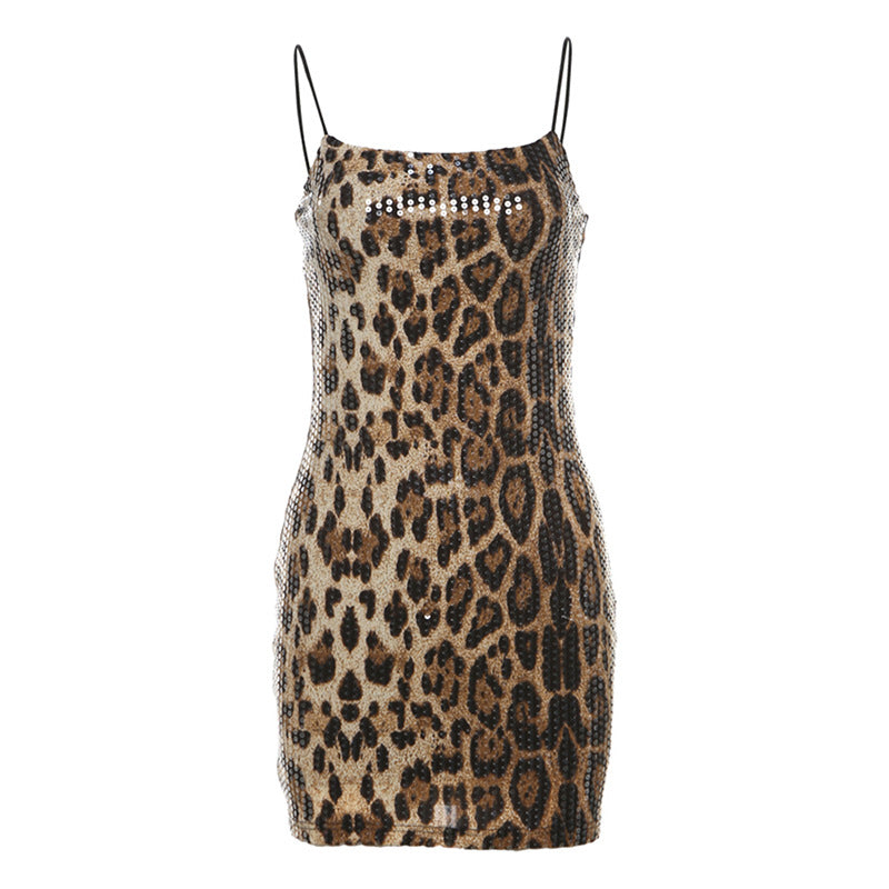 Damen Glitzerndes Minikleid mit Leopardenmuster und Spaghetti-Trägern Drune