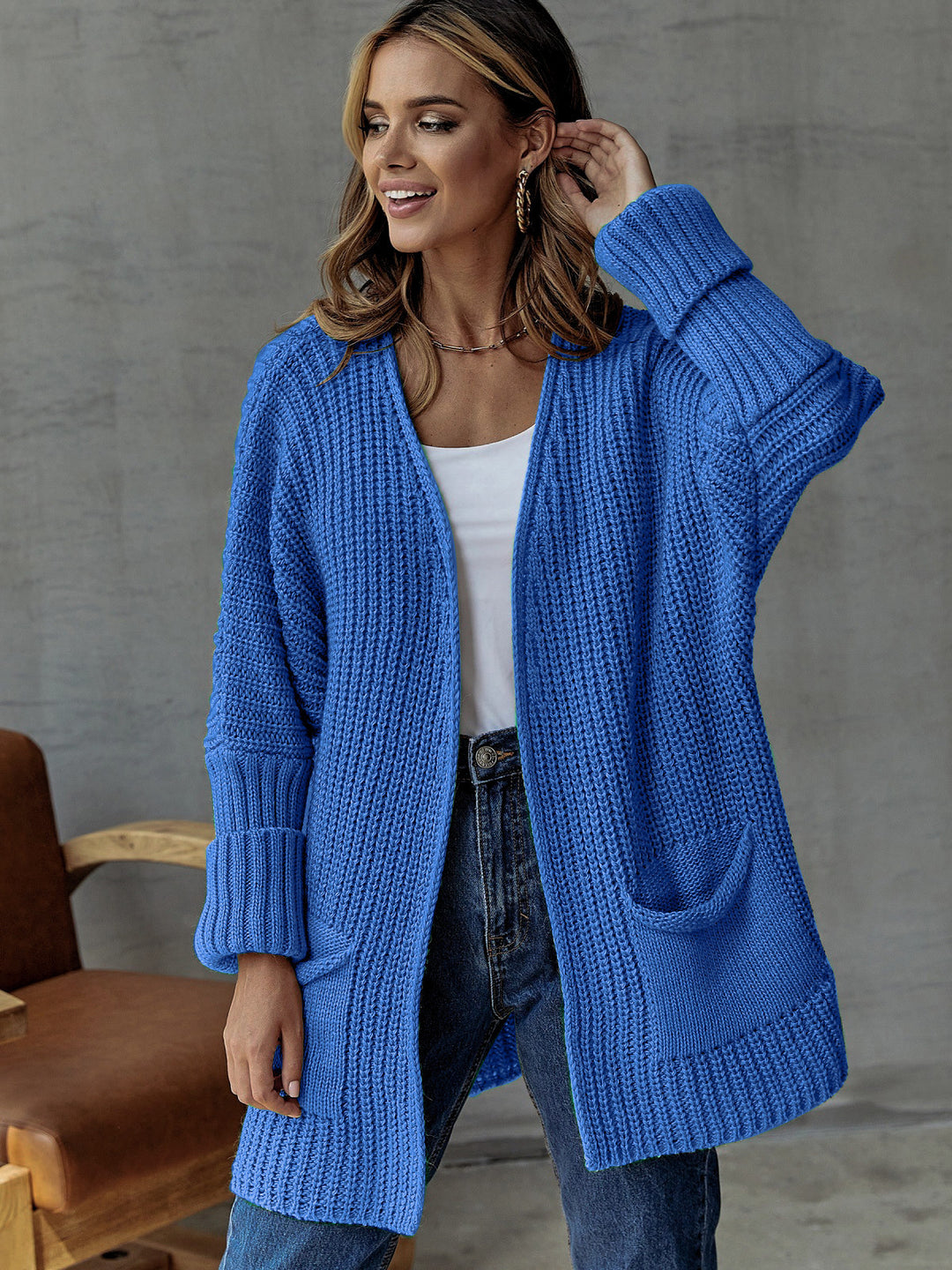 Damen Strickjacke mit offenen Front und großen Taschen Drune
