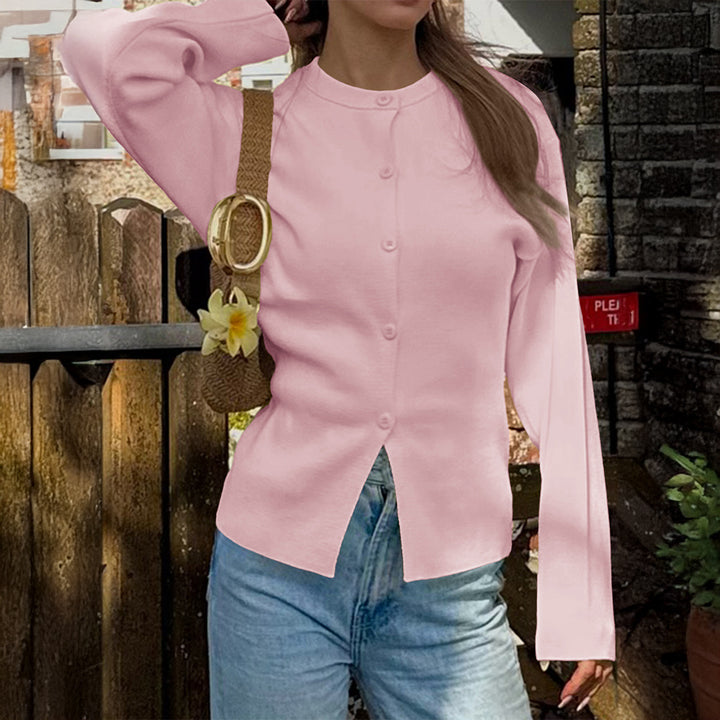 Damen nan taillierte Strickjacke mit asymmetrischer Knopfleiste und Rundhalsausschnitt Drune