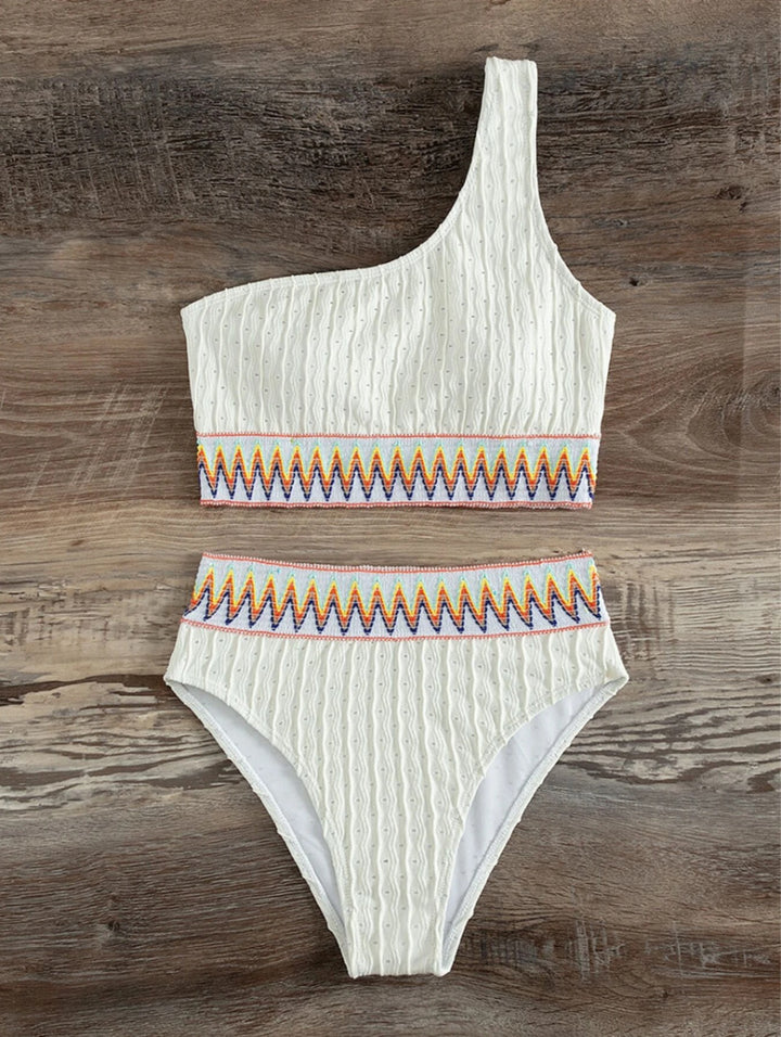 Damen Einseitiger Crop-Bikini mit buntem Jacquardband Drune