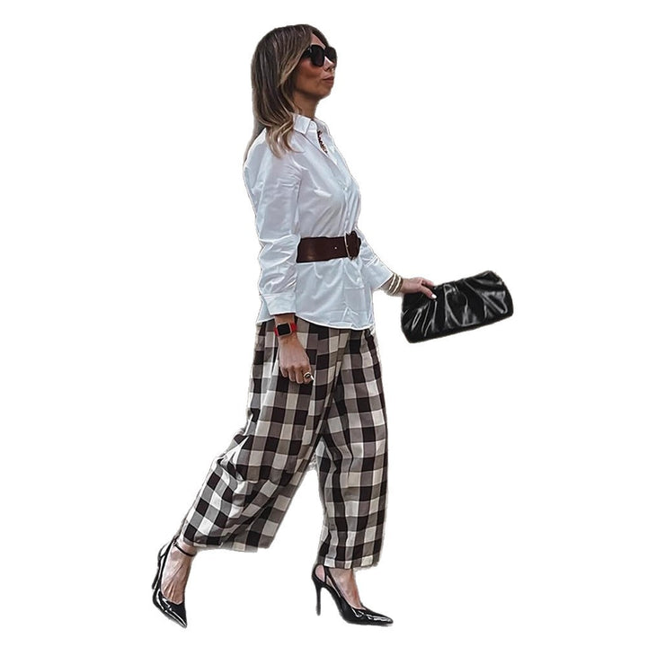 Damen Karo-Hochtaillierte Palazzo-Hose mit weitem Bein & Bundfalten Drune
