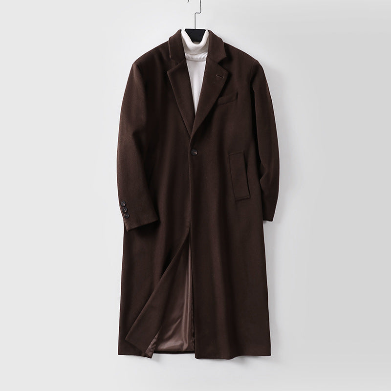 Herren Eleganter langer Einreiher-Wollmantel mit schmalem Revers und taillierter Silhouette Drune
