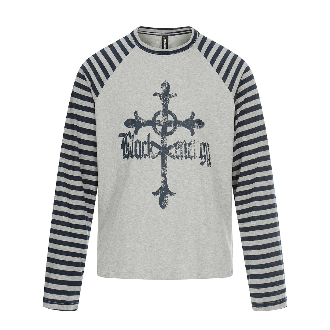 Herren Langarm-Raglanshirt mit Streifenärmeln und Vintage-Print Drune