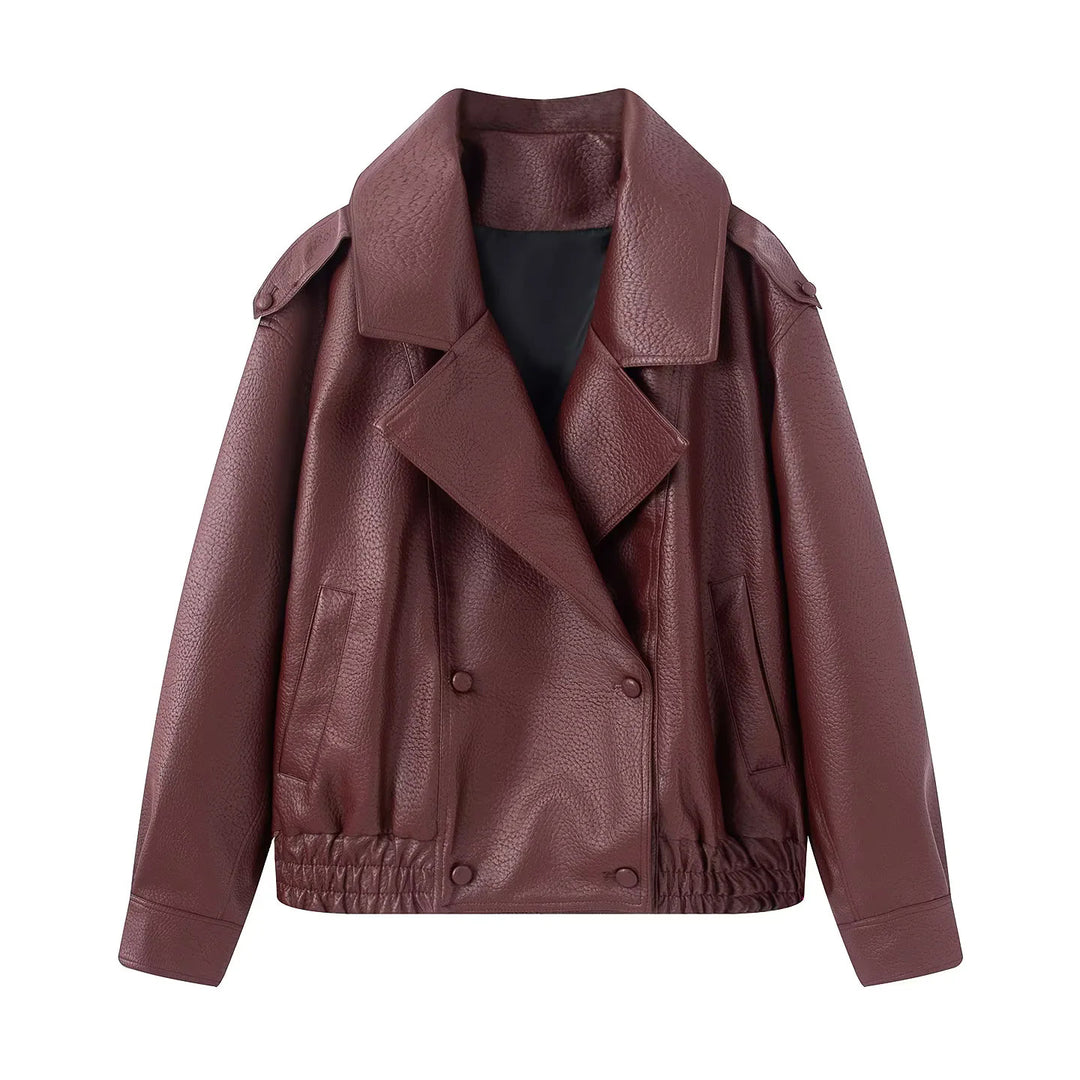 Damen nan cropped zweireihiger Kunstleder-Blouson mit breitem Revers und elastischem Saum Drune